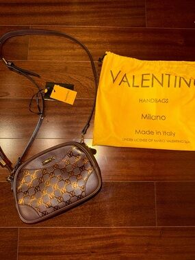 Vintage Women’s Valentino Brown Leather Crossbody with Gold Logo Embroidery